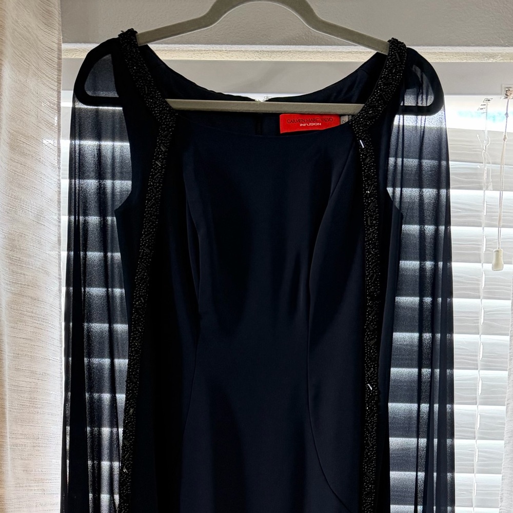 CARMEN MARC VALVO Infusion Navy Black Beaded Embellished Chiffon Cape Gown